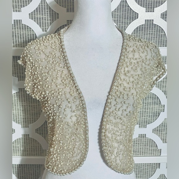 SHEER PEARL SHRUG BOLERO RETRO VINTAGE MARINA SMALL ILLUSION MESH LACE CREAM - Picture 4 of 16